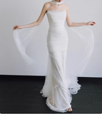 French Strapless Simple Satin White Waisted Fishtail Wedding Dress HZ1022