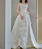 Princess Flower Strapless Satin A-Line White Wedding Dress HZ1022