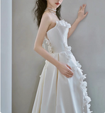 Princess Flower Strapless Satin A-Line White Wedding Dress HZ1022
