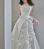 Princess Flower Strapless Satin A-Line White Wedding Dress HZ1022