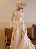 Elegant white satin long-sleeved open-back wedding dress with small train HZ1022