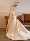Elegant white satin long-sleeved open-back wedding dress with small train HZ1022