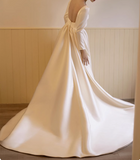 Elegant white satin long-sleeved open-back wedding dress with small train HZ1022