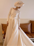 Elegant white satin long-sleeved open-back wedding dress with small train HZ1022