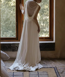 Chic satin heavy pearl necklace sexy backless small train wedding dress HZ1022
