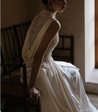 Chic satin heavy pearl necklace sexy backless small train wedding dress HZ1022