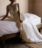 Chic satin heavy pearl necklace sexy backless small train wedding dress HZ1022