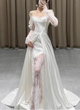 French Retro Lace Satin One Shoulder Small Train Wedding Dress HZ1022