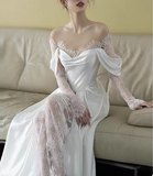 French Retro Lace Satin One Shoulder Small Train Wedding Dress HZ1022