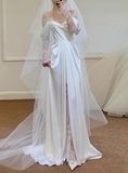 French Retro Lace Satin One Shoulder Small Train Wedding Dress HZ1022
