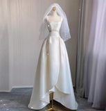 Simple shoulder strap white satin waist hollow high and low A-line wedding dress HZ1022