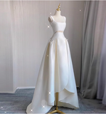 Simple shoulder strap white satin waist hollow high and low A-line wedding dress HZ1022