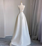 Simple shoulder strap white satin waist hollow high and low A-line wedding dress HZ1022