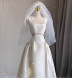Simple shoulder strap white satin waist hollow high and low A-line wedding dress HZ1022