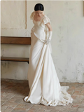 Flowing French Satin Backless Lace Vintage Wedding Dress HZ1022