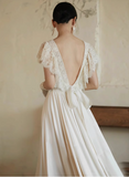 Flowing French Satin Backless Lace Vintage Wedding Dress HZ1022