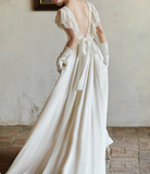 Flowing French Satin Backless Lace Vintage Wedding Dress HZ1022