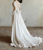 Flowing French Satin Backless Lace Vintage Wedding Dress HZ1022