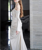 One-shoulder simple long-sleeved satin waist pleated small train mermaid wedding dress HZ1022