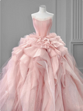 Gentle pink off-the-shoulder A-line tulle layered floor-length wedding dress HZ1022