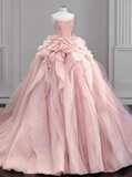 Gentle pink off-the-shoulder A-line tulle layered floor-length wedding dress HZ1022