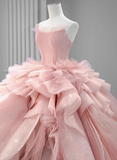 Gentle pink off-the-shoulder A-line tulle layered floor-length wedding dress HZ1022
