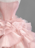 Gentle pink off-the-shoulder A-line tulle layered floor-length wedding dress HZ1022