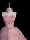 Princess Pink Strapless Floral Tulle Floor-Length Wedding Dress HZ1022