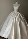 French Retro Satin Strapless A-Line Wedding Dress HZ1022