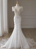 White fishtail French short sleeve wedding dress with back straps and small train HZ1022