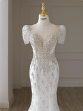 White fishtail French short sleeve wedding dress with back straps and small train HZ1022
