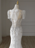 White fishtail French short sleeve wedding dress with back straps and small train HZ1022