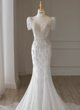White fishtail French short sleeve wedding dress with back straps and small train HZ1022