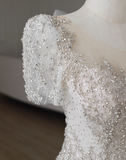 White fishtail French short sleeve wedding dress with back straps and small train HZ1022