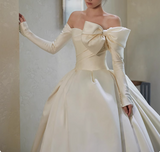 Elegant White One Shoulder Bow Long Sleeve Satin A-Line Wedding Dress HZ1022