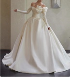 Elegant White One Shoulder Bow Long Sleeve Satin A-Line Wedding Dress HZ1022