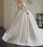 Elegant White One Shoulder Bow Long Sleeve Satin A-Line Wedding Dress HZ1022