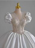 French V-neck puff sleeve beaded white satin floor-length wedding dress HZ1022