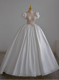 French V-neck puff sleeve beaded white satin floor-length wedding dress HZ1022
