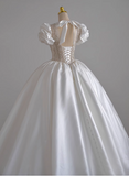 French V-neck puff sleeve beaded white satin floor-length wedding dress HZ1022
