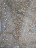 French V-neck puff sleeve beaded white satin floor-length wedding dress HZ1022