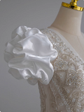 French V-neck puff sleeve beaded white satin floor-length wedding dress HZ1022