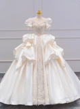 French Princess Satin Puff Sleeve Beaded White Floor-Length Wedding Dress HZ1022