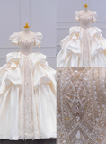 French Princess Satin Puff Sleeve Beaded White Floor-Length Wedding Dress HZ1022