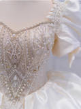 French Princess Satin Puff Sleeve Beaded White Floor-Length Wedding Dress HZ1022