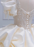 French Princess Satin Puff Sleeve Beaded White Floor-Length Wedding Dress HZ1022