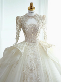 French style long sleeves palace style white heavy luxury beaded A-line floor-length wedding dress HZ1022