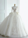 French style long sleeves palace style white heavy luxury beaded A-line floor-length wedding dress HZ1022