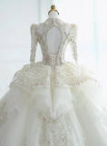 French style long sleeves palace style white heavy luxury beaded A-line floor-length wedding dress HZ1022