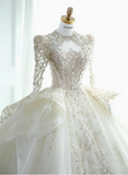 French style long sleeves palace style white heavy luxury beaded A-line floor-length wedding dress HZ1022